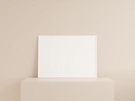 Clean front view horizontal white photo or poster frame mockup leanings against wall. 3d rendering.