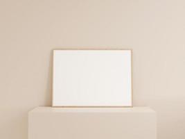 Clean front view horizontal wooden photo or poster frame mockup leanings against wall. 3d rendering.