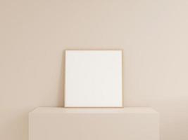 Clean front view square wooden photo or poster frame mockup leanings against wall. 3d rendering.