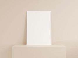 Clean front view vertical white photo or poster frame mockup leanings against wall. 3d rendering.