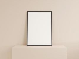 Clean front view vertical black photo or poster frame mockup leanings against wall. 3d rendering.
