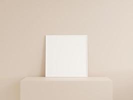 Clean front view square white photo or poster frame mockup leanings against wall. 3d rendering.