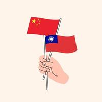 Cartoon Hand Holding Chinese And Taiwanese Flags. China Taiwan Relationships. Concept of Diplomacy, Politics And Democratic Negotiations. Flat Design Isolated Vector