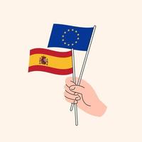 Cartoon Hand Holding European Union And Spanish Flags. EU Spain Relationships. Concept of Diplomacy, Politics And Democratic Negotiations. Flat Design Isolated Vector