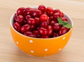 Cornus in a bowl on wooden background photo