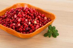 Cowberry in a bowl on wooden background photo