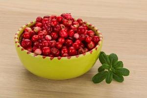 Cowberry in a bowl on wooden background photo