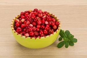 Cowberry in a bowl on wooden background photo