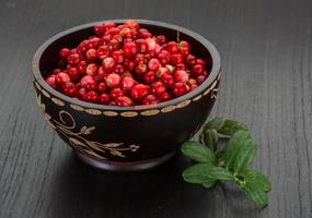 Cowberry in a bowl on wooden background photo