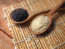 White and black sesame seeds in wooden spoon photo