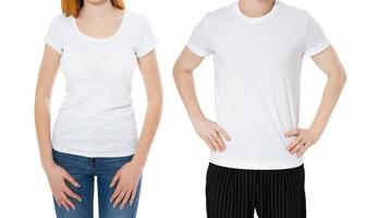 Man and girl in white T-shirt isolated on a white isolated, tshirt close up empty copy space photo