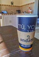 Playa del Carmen Quintana Roo Mexico 2021 Coffee to go cup of black coffee on wooden background. photo