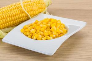 Sweet corn in a bowl on wooden background photo