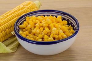 Sweet corn in a bowl on wooden background photo