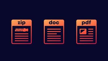 Zip, doc and pdf file icons for web vector