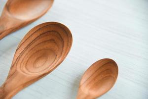 Various sizes of wooden spoon and wooden cooked rice ladle on white background photo