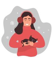 A young girl with a cat in her arms against the background of winter, warms it. Taking care of a pet. Vector graphics.