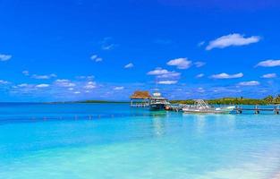 Beautiful tropical natural palm tree boat jetty Contoy island Mexico. photo