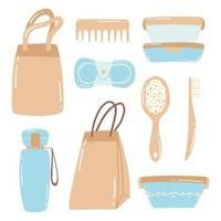 Collection of durable and reusable items or Zero Waste products - glass jars, eco-friendly grocery bags, wooden comb, toothbrush, container, thermo mug. Flat vector illustration.