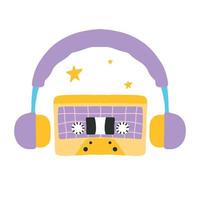 Print in retro style. Cassette with headphones in the style of the 60s 70s. Vector illustration.Retro music.