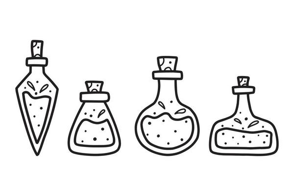 A set of potion jars. Magic Poison. Vector illustration. Collection of flasks with poison. Doodle style.