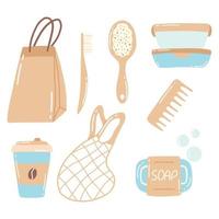 Collection of durable and reusable items or Zero Waste products - eco-friendly grocery bags, wooden comb, toothbrush, container. Flat vector illustration.