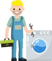 Plumber repairs washing machine. Breakdown of household appliances. Worker with a wrench, tool. Service and fix. Toolbox in hand. Problem with Laundry. vector