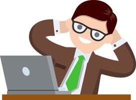 Successful businessman in suit. Gesture with hand behind head. Happy man in tie. Business or pleasure. Cartoon flat illustration. Rest at work with computer on table vector