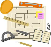 Engineer kit. Drawing plan of building. Design and project documents. Set of drawing items. Construction worker helmet. Flat House blueprint. Technical scheme vector