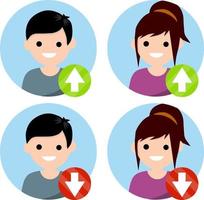 Set of avatars of man and woman in circle for social network. Red and green Arrow up and down. Statistics, top and ranking. Flat cartoon. Young boy and girl. Human head. Rise and fall icon vector
