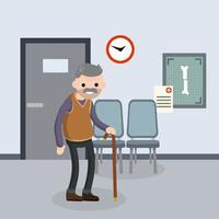 Old senior man in the doctor office in hospital. Providing medical care. Trauma patient. Happy grandparent. Crack in bone. X-rays and chairs. Cartoon flat illustration. Cute Grandfather vector