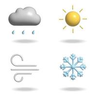 Set of 3d vector weather icons, realistic glossy plastic symbols of cloud, rain, sun, wind and snow.