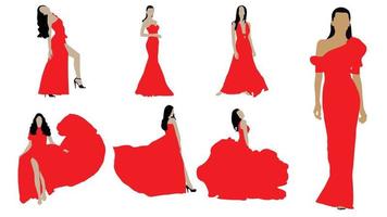 Group Women Red Dress Fashion Isolated on white background. vector