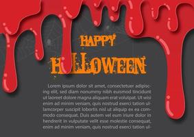 Closeup and crop red blood drop down on Happy Halloween letters, example texts, spider web and dark gray background. vector