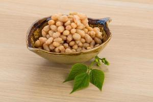 White beans in a bowl on wooden background photo