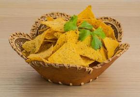 Nachos in a basket on wooden background photo