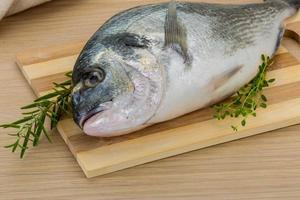 Raw dorado on wooden board and wooden background photo