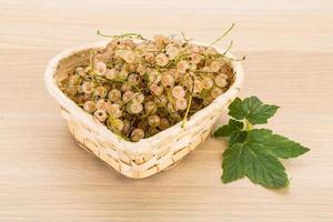 White currant in a basket on wooden background photo