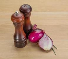 Red onion and pepper mill photo