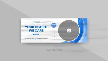 diseño de portada de banner de atención médica, diseño de banner moderno con degradado de color azul y fondo de textura de papel blanco, utilizable para banner y portada vector