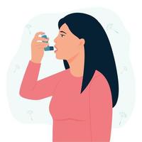 Woman uses an asthma inhaler against attack. World asthma day. Allergy,Bronchial asthma. Vector  illustration