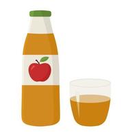 Natural apple juice in glass bottle in flat style on white background. Apple cider vinegar.Vector illustration vector