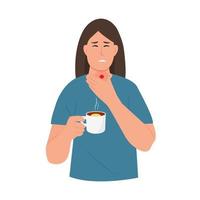 Sad woman with a pain in throat. Symptom of flu or virus infection.throat. Sick  holding hot cup of tea with lemon.  Woman  with sore throat. Flat vector illustration