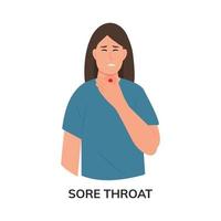 mujer triste con dolor de garganta. síntoma de gripe o infección por virus. dolor de garganta. ilustración vectorial plana