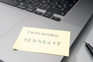 Weak password concept. Handwritten text on sticky note on laptop. Computer security management photo