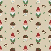 Seamless pattern happy gnome with mushroom house and leaves on beige background. Dwarf in a red hat and green clothes. Children vector illustration for fabric, textile, wallpaper