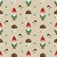 Seamless pattern happy gnome with mushroom house and leaves on beige background. Dwarf in a red hat and green clothes. Children vector illustration for fabric, textile, wallpaper