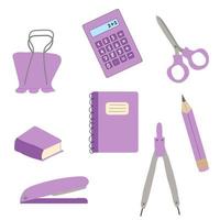juego de papelería en color púrpura en estilo plano. tijeras, grapadora, calculadora, libros, lápiz, carpeta vector