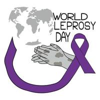 World Leprosy Day, Silhouette of a hand with a skin lesion, against the background of a silhouette of the world map, a purple ribbon and a thematic inscription vector