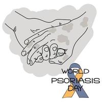 día mundial de la psoriasis, representación esquemática de los contornos de las manos, mano a mano como expresión de apoyo, piel afectada, letras temáticas y cinta vector